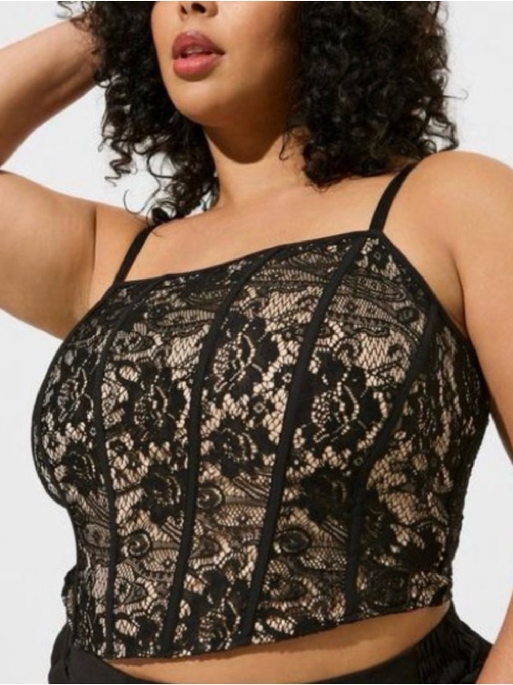 Torrid black lace cropped corset top with interior boning and straps Size 30 (6)